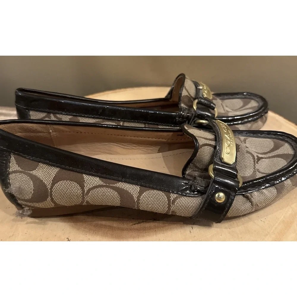 Coach 6 Felisha‎ Signature Loafers Tan And Brown Jacquard Fabric Logo Preppy